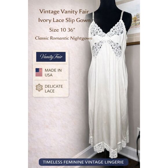 Vintage Vanity Fair Ivory Lace Slip Gown Size 10 36” Classic Romantic Nightgown - Picture 1 of 6